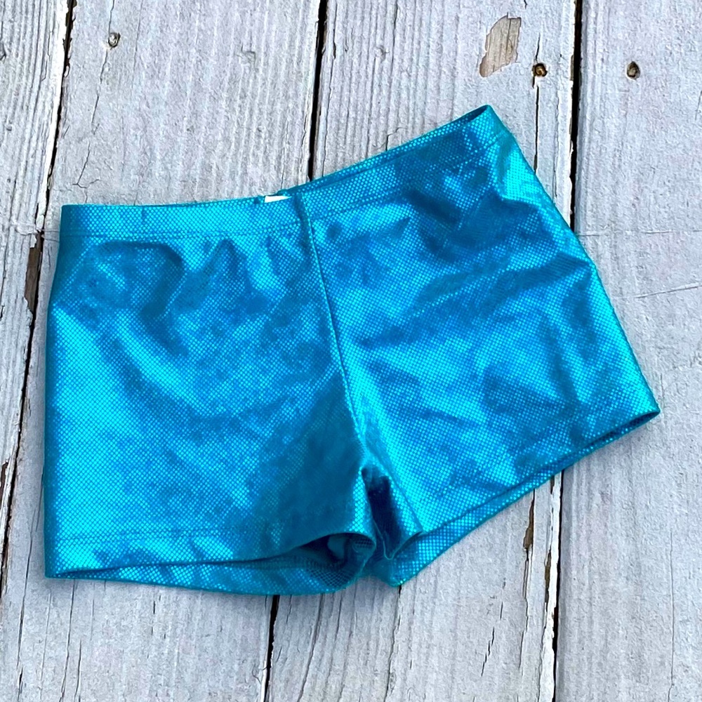 Girls aqua metallic compression shorts size 12 14